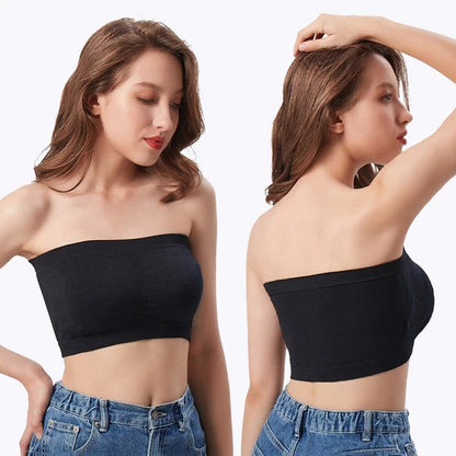 [Plus Size Strapless Bra] Plus Size Double-Layer Strapless Bra | Anti-Slip, Removable Pads, No Underwire, Seamless Smoothing, High Elasticity, Black Camisole Top | For Casual Attire, Comfortable Daily Wear, Offshoulder Fashio