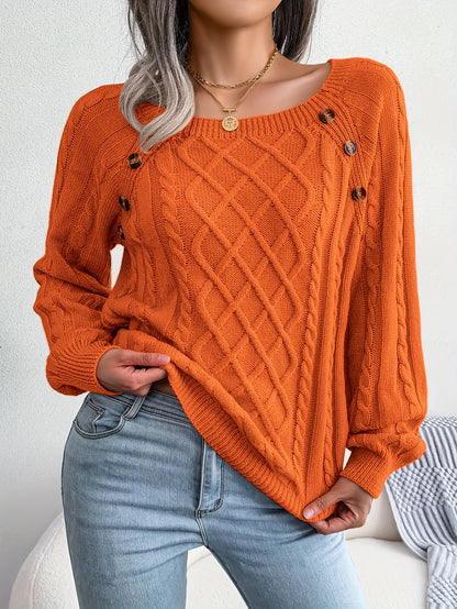 Women's Sweater Round Neck Texture Button Lantern Sleeve Sweater