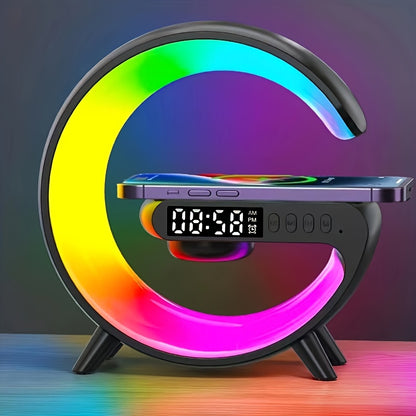 Smart USB Charging Living Room Bedroom Bedside Desktop Colorful RGB Atmosphere Light, Mobile Phone Wireless Charger, Desktop Alarm Clock, Study Desk Lamp, Wireless Link Music Audio Speaker Multifunctional Four-in-one Atmosphe