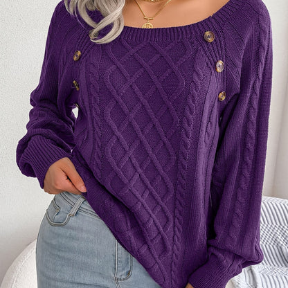 Women's Sweater Round Neck Texture Button Lantern Sleeve Sweater