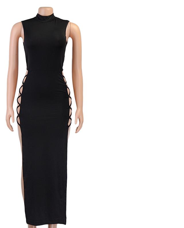 22 New Sexy Vest-Strap Long Dress with High Slit and Side Hollow | High Neck, Bodycon Fit, Solid Color for Spring/Fall
