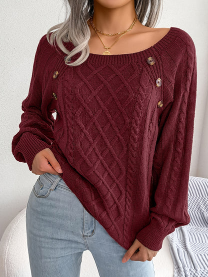 Women's Sweater Round Neck Texture Button Lantern Sleeve Sweater